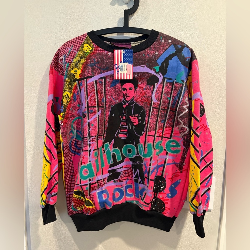 Vintage 1980’s Elvis Presley Liberty Flyer Jailhouse Rock Neon Sweater NWT Sz M - Picture 2 of 16
